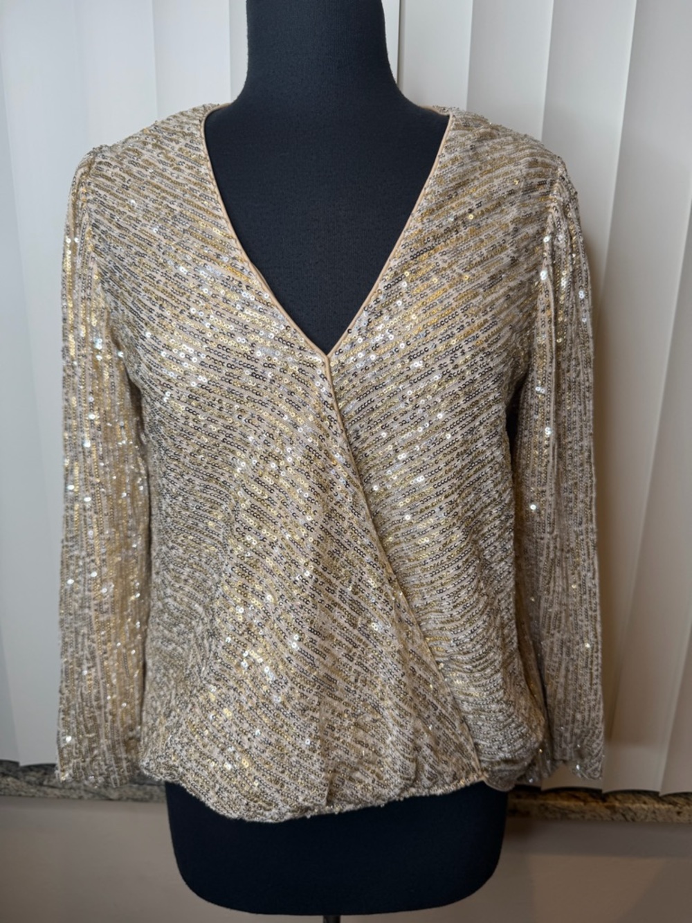 Boston Proper Gold Silver Sequin Embellished Surplice Blouse Size Small
